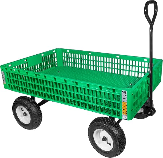 FARM-TUFF Plastic Mesh Crate Garden Wagon, 43.5" x 28" - Heavy-Duty Poly Utility Cart with Pneumatic Tires, 800lb Capacity & Powder-Coated Frame for Gardening, Landscaping & Yard Work