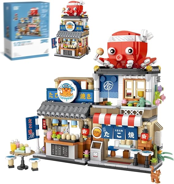 Japanese Street View Takoyaki Shop Building Blocks Set, Theme Store Simulation Architecture Creative Model, Mini Bricks Construction Building Toy for Adults (1218)