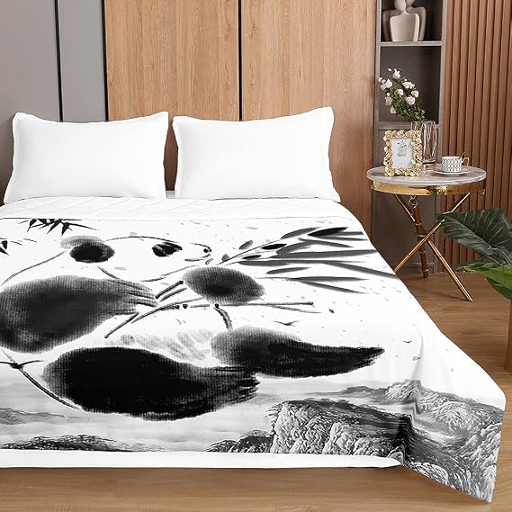 Highdi Reversible Bed Throws Quilted Bedspreads, 3D Panda Pattern Lightweight Patchwork Quilt Comforter Single Double, Cotton Throw Summer Quilt, Quilted Blanket for Seasons (Gray,100x150cm)