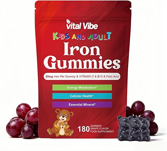 Iron Gummies for Women, Iron Gummy with Folate Energy & Immune Support | Iron Supplement Gummies, 65mg Iron for Women Men Kids, Natural Vegan Gummy with Folate Gentle on Stomach, 180 Count