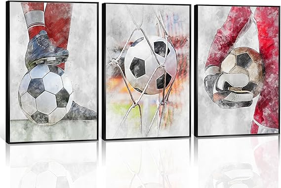 YOXORDQ 3Pcs Soccer Wall Art Kids Soccer Poster Prints Red Soccer Painting Canvas Picture for Childs Baby Room Wall Decor 12x16in Unframed