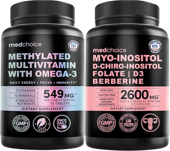 MEDCHOICE 29-in-1 Methylated Multivitamin for Men & Women with Omega 3, Active B12, 5-MTHF Folate (70ct) & 14-in-1 Womens Inositol Complex Supplement - 40:1 Myo & D-Chiro Inositol (120ct) Bundle