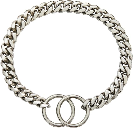 Strong Metal 18K Gold Chain Dog Collar 10MM Cuban Link Chain Stainless Steel Metal Links Walking Training Collar Choker for Small Medium Large Dogs 12in to 26in (Silver, 12)