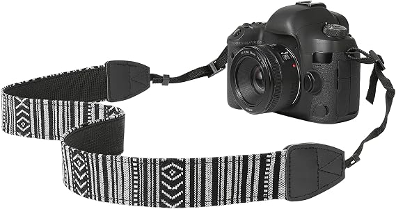 MoKo Camera Strap, Retro Cotton Canvas Woven Strap Universal Shoulder Neck Sling Belt for ALL DSLR/SLR Cameras Canon/Sony/Nikon, Adjustable Thin Strap for Adults & Kids, Black & White