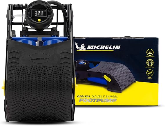 MICHELIN Digital Double Barrel Foot Pump - Heavy Duty Football Pump Inflator with Tyre Pressure Gauge and Adapters - Footpump for Car Tyres, Balls and Inflatables