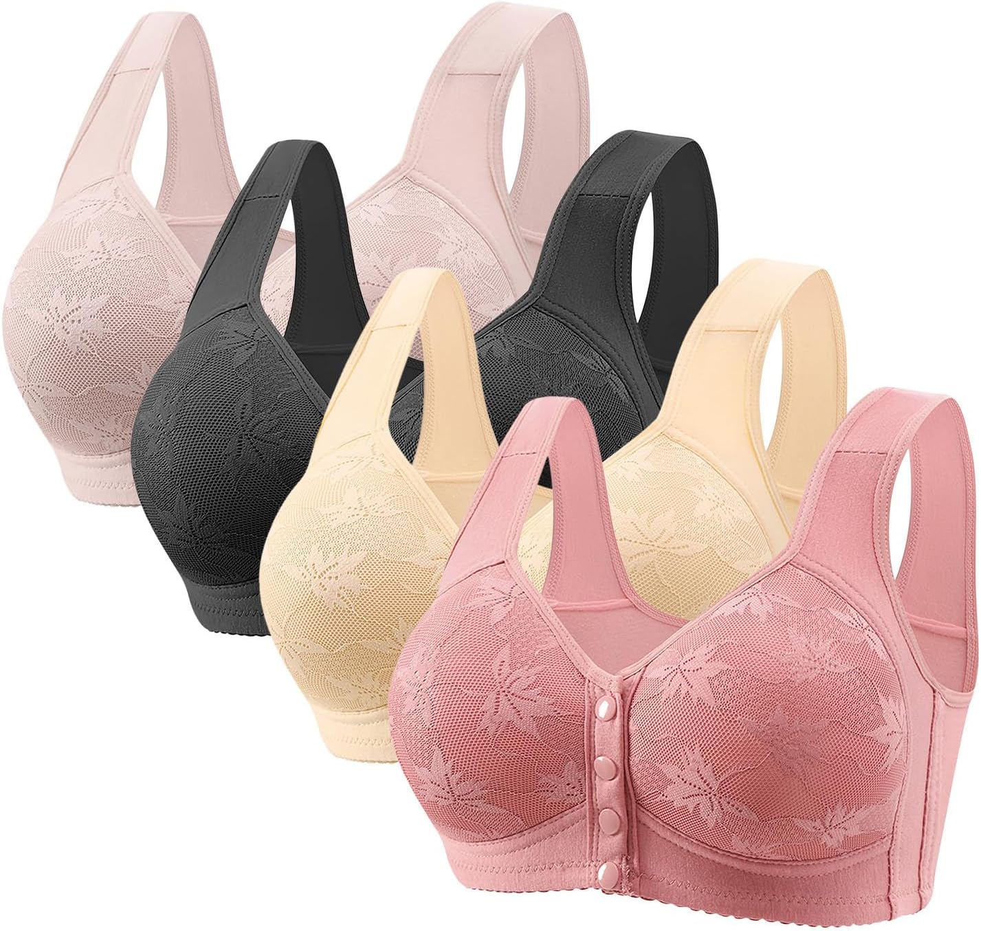 4 Pack Daisy Bras for Older Women Front Closure Wireless Push Up Bras Everyday Wirefree Comfortable Sleep Bralettes