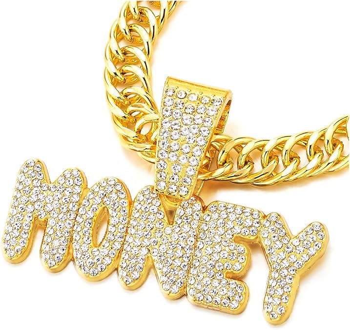 COOLSTEELANDBEYOND MONEY Iced Out Pendant Pave Rhinestones Mens Womens Necklace Gold Color, Bling Bling Rapper Jewelry