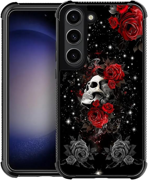 Compatible with Samsung Galaxy S23 Case, Skull Red Rose Pattern Print Phone Case Durable Fashion Funny Liquid Silicone Case Soft Anti-Scratch Shockproof Protective Cover