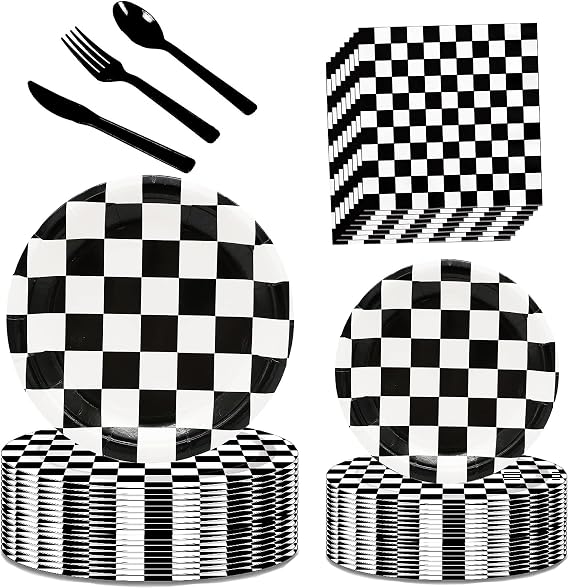 Black and White Checkered Race Car Party Supplies 150Pcs,Racing Party Tableware Set 9"& 7"Checkered Plates and Checkered Flag Napkins Knives Forks Spoons for Race Car Themed Birthday Party Decorations