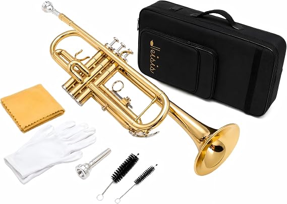 Bb Trumpet for Beginner/Advanced Student, Brass Instrument with 7C Mouthpiece, Hard Case, Polishing Cloth, Gloves, Cleaning Kit (2 Short + 1 Long Brush), Golden for Kids & Adults