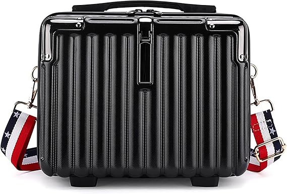 Mini Suitcase Hard Shell Makeup Case Stress-Resistant ABS Hard Makeup Travel Case Portable Hand Luggage with Shoulder Strap for Travel Camping Home Organizer Black