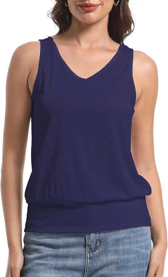 Tank Top for Women V Neck Summer Ribbed Sleeveless Casual Tank Tops Loose Fit Basic Banded Bottom Shirts Trendy Navy, Medium