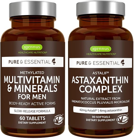 Multivitamin & Minerals for Men + Astaxanthin Complex Vegan Bundle, Sustained Release Advanced Multivitamin + 4 mg H. Pluvialis Natural Astaxanthin, by Igennus