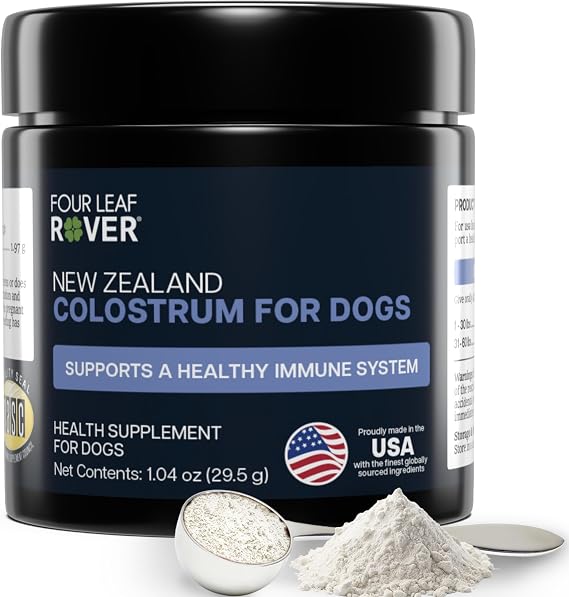 Four Leaf Rover Colostrum for Dogs - Bovine Colostrum from 100% Grass-Fed New Zealand Cows - Skin, Gut & Immune Support - 60 Day Large Dog Supply