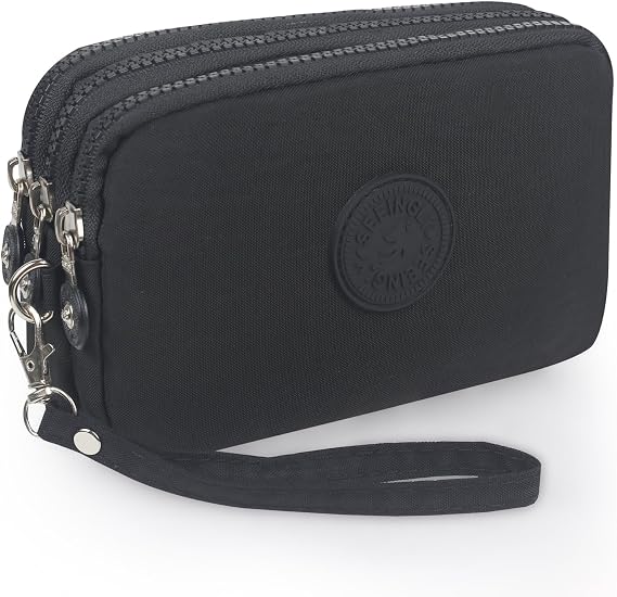 Multifunction 3 Layers Zipper Key Card Phone Pouch Coin Money Bag Purse Wallet (Matte Black)