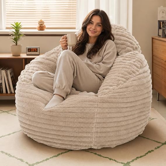 Simple Deluxe 3.25 ft Faux Fur Memory Foam Bean Bag Chair, Large Comfy Lazy Chair for Adult with Memory Foam Filled & Washable Cover, Perfect for Reading Gaming in Living Room Bedroom, Taupe