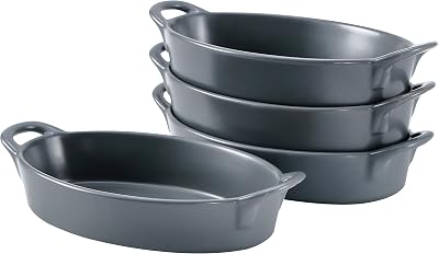 Bruntmor 8 x 5 Oval Porcelain Ceramic Deep Dish Pie Pan Set of 4, Double Handle Au Gratin Baking Dishes, Oven Safe Roasting Lasagna Pan For kitchen- Gray