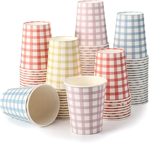Tioncy 100 Pcs 9 oz Gingham Disposable Paper Cups, 4 Colors | Checkered Pattern, Hot Cold Drinks, Colorful Cups, Picnic Travel Use, Coffee Tea Juice