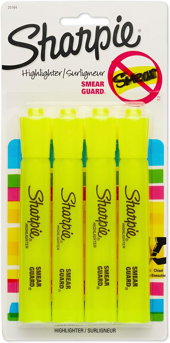 Sharpie Tank Yellow Highlighters Marker Set, Study Essentials, Chisel Tip, Ideal for Back to School and Teacher Supplies, Smear-Resistant, 4-Pack