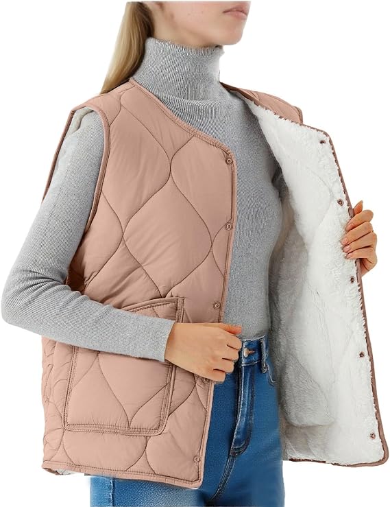GOHRSHA Womens Fall Outdoor Puffer Vest Sleeveless Sherpa Fleece Quilted Jacket Lightweight Button Warm Jacket with Pockets