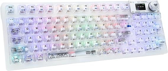 Aula F98 Pro 95% Hot-Swappable Mechanical Keyboard Transparent Keycaps, RGB Backlit Gaming Keyboard, Tri-Mode Wireless Keyboard Gaming - BT5.0/2.4G/USB-C, OLED Display, 4000mAh Battery (White)