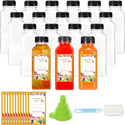 Tergy 18 Pack 12 oz Plastic Juice Bottles with Caps, Labels, Brush, and Silicone Funnel - Reusable Juicing Clear Drink Containers with Lids for Juicing, Food Grade & Leakproof Travel Bottles