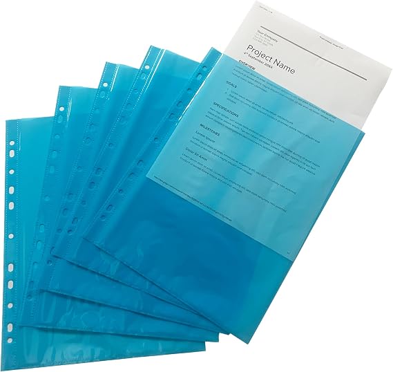 Pack of 50 A4 Blue Clear Punched Pockets by Janrax