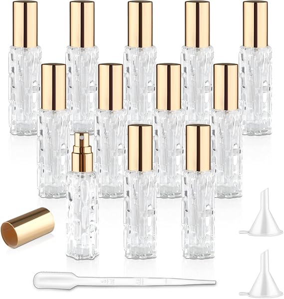 12Pcs 10ml Clear Glass Spray Bottles with Gold Lid Mini Refillable Perfume Dispenser Fine Mist Atomizer Empty Sample Containers for Essential Oils Skin Care Products Cleaning