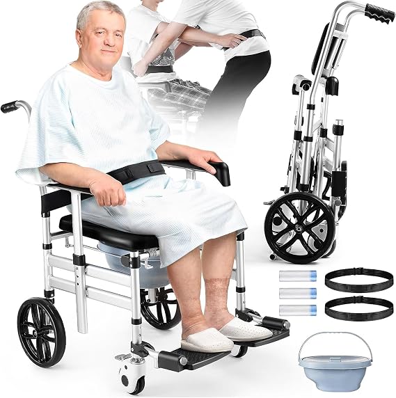 Shower Chair with Wheels, Folding Shower Wheel, Transport Chair, Commode, Rolling Bath Chair for Handicap, Elderly & Injured, Waterproof & Soft, Front Locking Wheels, Safety Straps Included