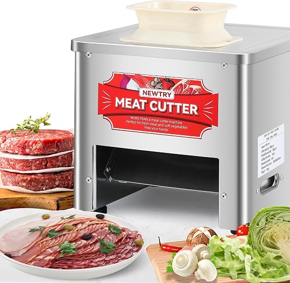 NEWTRY Commercial Meat Cutter, 3-in-1 Slices Strips Cubes, 10mm Blade | Stainless Steel, Time-Saving, Easy To Clean, Stable Base, 110V Plug-In, For Home & Restaurant Use