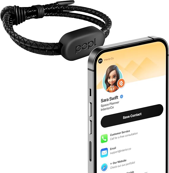 Authentic Patented Popl BraceletTM (Avoid Fake Knockoffs) - Smart NFC Networking Card - Simply Tap to Exchange Contact Info, Capture Leads, Manage Contacts (Black Rope Style)