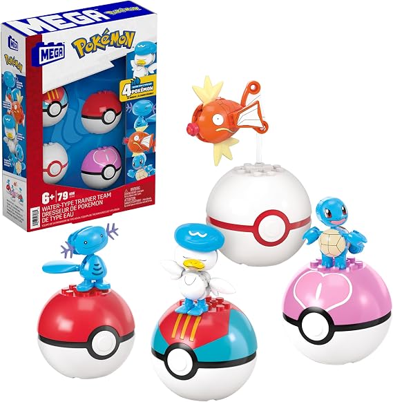 MEGA Pokemon Action Figure Building Toys Set, Water-Type Trainer Team with 79 Pieces, 2 Inches Tall, for Kids