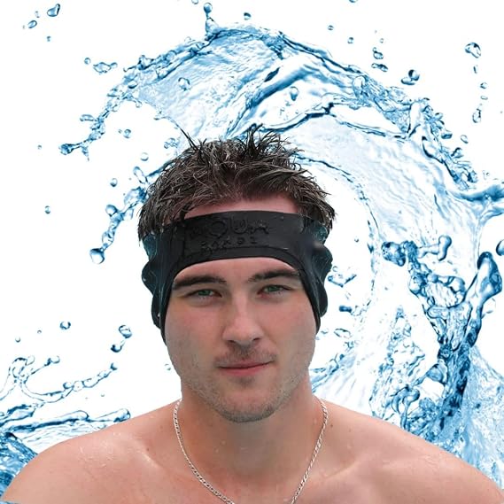 AquaBandz Swimming Headband Ear Covers for Swimming, Keeps Water Out of Ears & Holds Earplugs in Place Soft Silicone Swim Ear Band for Adults & Kids, Quick-Drying (Black, Standard Fits Most)