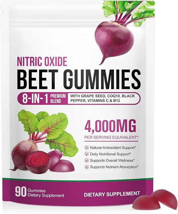 Beet Root Gummies, 8 in 1 Super Beet Root Supplement with CoQ10, Grape Seed Extract, Vitamin C and B12, Support Blood Pressure, Heart Health, Energy Level, 90 Chews
