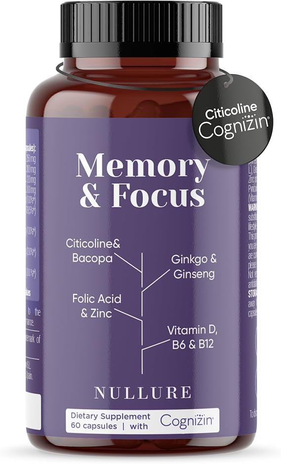 Memory & Focus | Nullure | 60 Capsules | Nootropic Brain Supplement | Concentration · Energy · Focus | Citicolin COGNIZIN + Ginkgo Biloba 6000mg + Bacopa Monnieri + Ginseng | Caffeine Free
