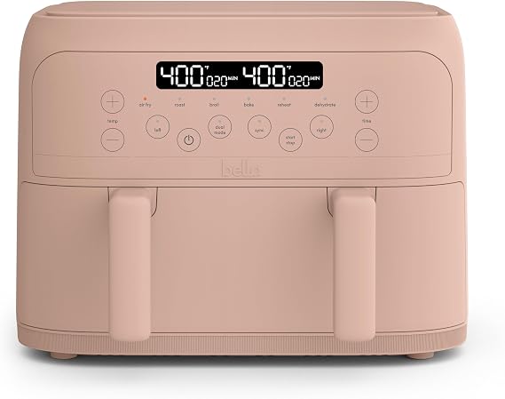 bella 4 Qt TriZone Air Fryer, EverGoodTM Ceramic Nonstick Coating, Dual Basket Design w Removable Divider, Digital Touchscreen Control w 6 Preset Cooking Options, 1200 Watt, 3lb Capacity, Blossom