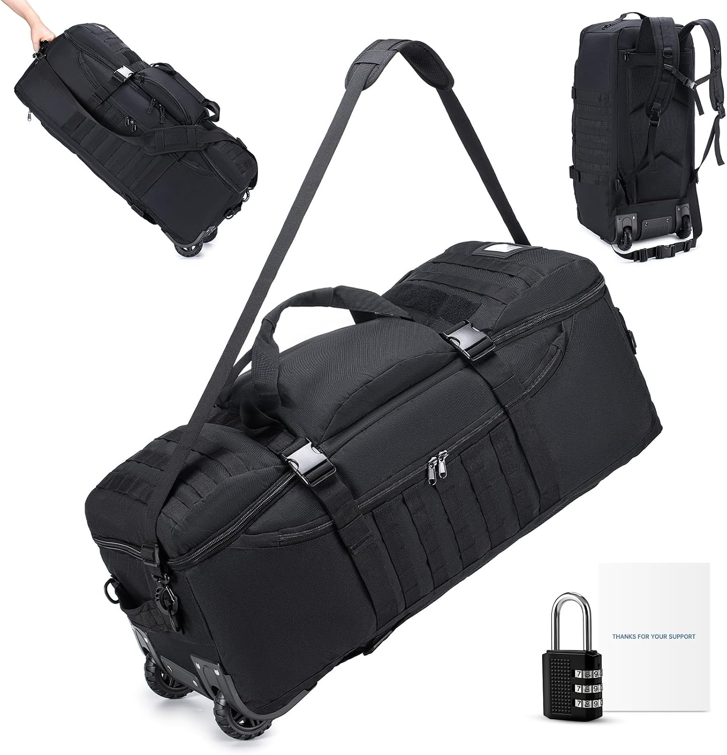 SUCIKORIO Tactical Travel Duffle Bag with Wheels and Handle 3 in 1 Large 85L XL Rolling Travelling Backpack Waterproof Oxford Carry On Hand Luggage Deployment Bags with Combination Padlock, Black