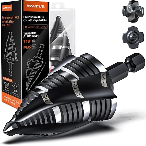 M35 Cobalt Step Drill Set, Four Spiral Flute Cobalt Step Drill Bit,1/4" - 1-3/8"(19 Step Size), for Stainless Steel, Wood, Aluminum, Plastic, Great for DIYers