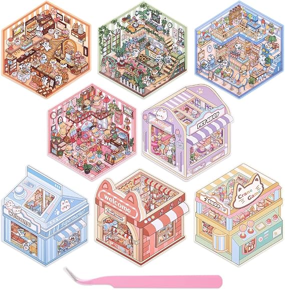 ICCEEMEE 8 Sets 3D Miniature House Stickers, DIY Diorama Stickers Convenience Store Bakery Pet Shop for Adults & Kids, Stress Relief Fun Pastime