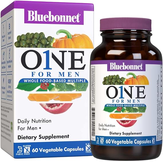Bluebonnet Nutrition One for Men Whole Food-Based Multiple, Daily Nutrition*, Non-GMO, Vegetarian Friendly, Kosher, Gluten-Free, Soy-Free, Dairy-Free, Iron Free, 60 Vegetable Capsules, 60 Servings | Non-GMO, Vegetarian, Kosher, Gluten-Free, Soy-Free, Dairy-Free