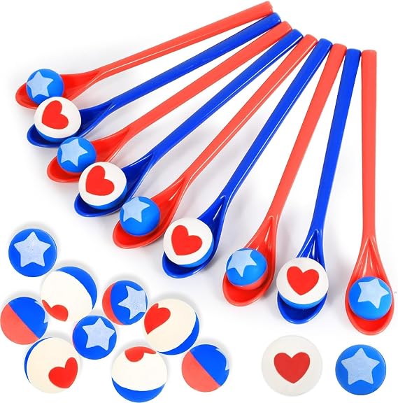Lonfliness 24 Pack 4th of July Party Games Spoon Relay Race Set Patriotic Party Ball and Spoon Race Game for Friends Family Reunion Indoor Lawn Activities Memorial Day Holiday Favor