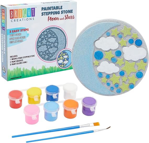 Bright Creations Stepping Stones Outdoor Paint-Your-Own Moon & Stars Kit - 10-Inch, Multicolor, 11-Piece - with Acrylic Paint & Brushes - Garden Stone Craft Kit