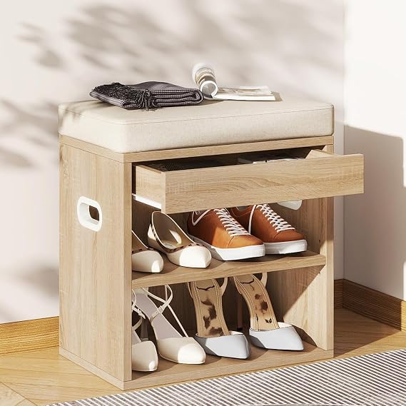 YMYNY Small Shoe Storage Bench with Cushion & Drawer, Light Natural HSC002R | 2 Tier Adjustable Shoe Bench Storage with Seat, Wooden Shoe Rack Bench for Entryway, Living Room, Hallway, Closet, Bedroom