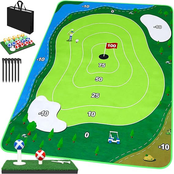 52HZ 6x5Ft Golf Chipping Mat, Battle Royale Golf Game Set with Hitting Mat, 20 Grip Balls, Adults Family Outdoor Indoor Game