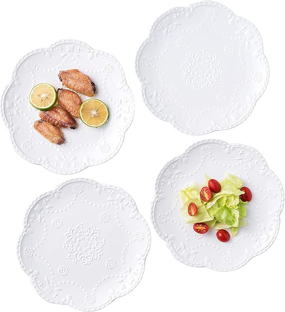 Ceramic Plate, Round Embossed Lace Plate, 4pcs (8-inch)