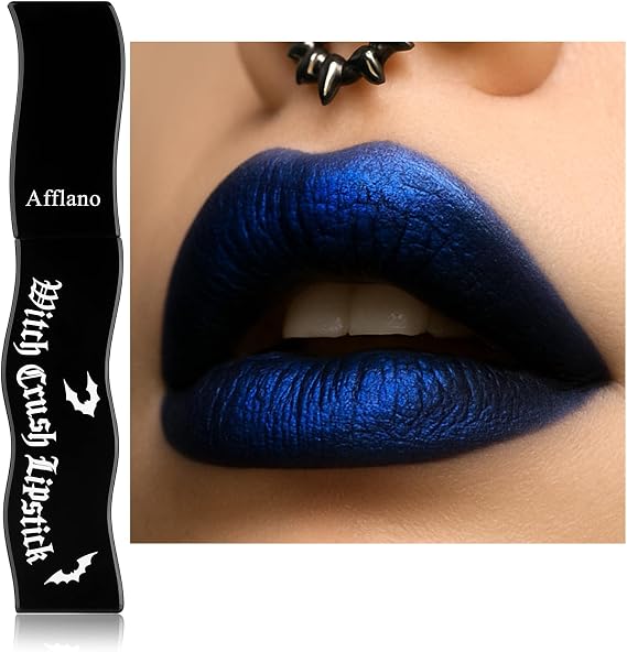 Goth Lip Gloss, Metallic Black Blue Lipstick, Silky Shimmer Blue Lip Mud for Woman Girls, Long Lasting Highly Pigmented Waterproof Gothic Makeup Lipstick for Daily Parties Halloween Cosplay Vegan #07