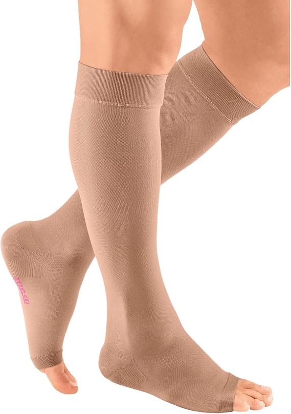 Mediven Men & Women Plus Knee High 30-40 mmHg Compression Sock Open Toe | Open toe graduated knee high socks with silicone top band, opaque coverage, and firm 30-40 mmHg support.