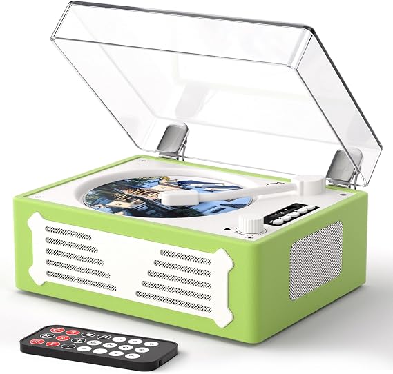 Retro CD Player with Bluetooth Transmitter Receiver, HiFi Stereo Speakers, LED Display, USB/AUX/Headphone Ports, Rechargeable, Portable CD Players for Home or Gift - Green