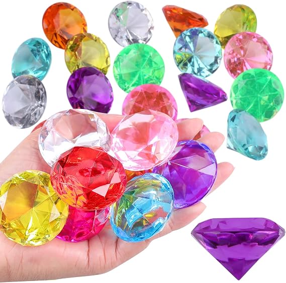 30 Pcs Gemstones for Kids 30mm Large Acrylic Diamond Gems Jewels, Diamond Gemstone Fake Plastic Gems for Pirate Treasure Chest Hunt Toy, Diving Teaching, Party