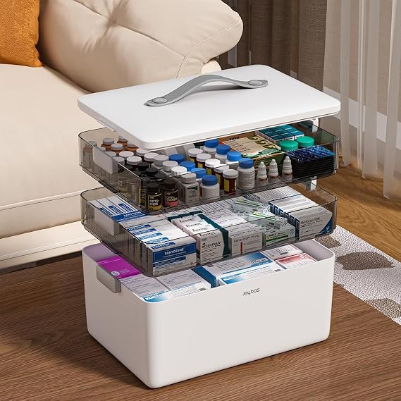 JOYBOS 3-Tier Medicine Storage Box Cabinet, Empty First Aid Kit Portable Medical Supply Organizer with Leather Handle for Home 3-Tier Medicine Storage Box